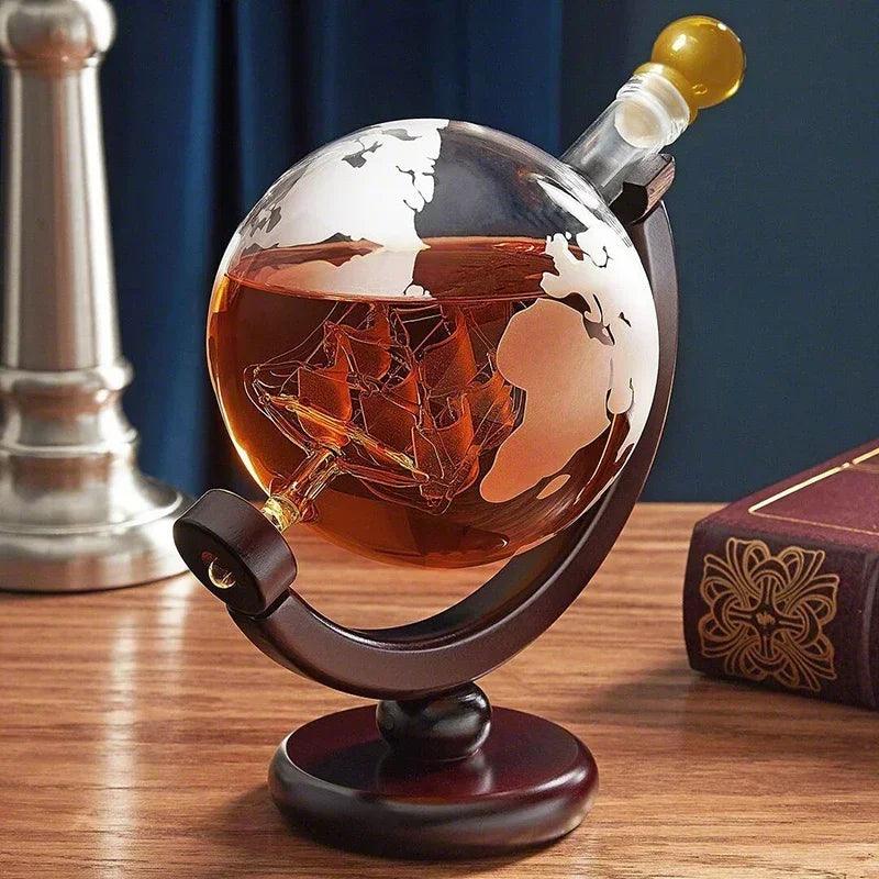 Decantador Globo de Whisky com Suporte de Madeira